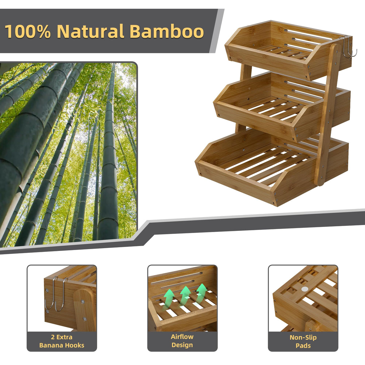 Walnut Bamboo 3 Tier Fruit Basket with 2 Banana Hangers L271