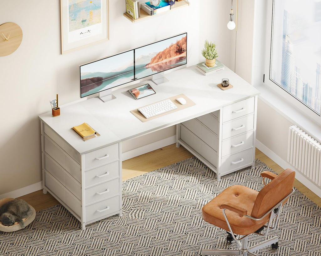 55 Inch Computer Desk with 8 Fabric Drawers White E837272