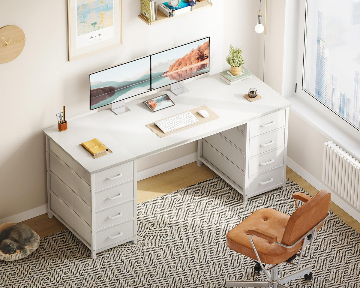55 Inch Computer Desk with 8 Fabric Drawers White E837272