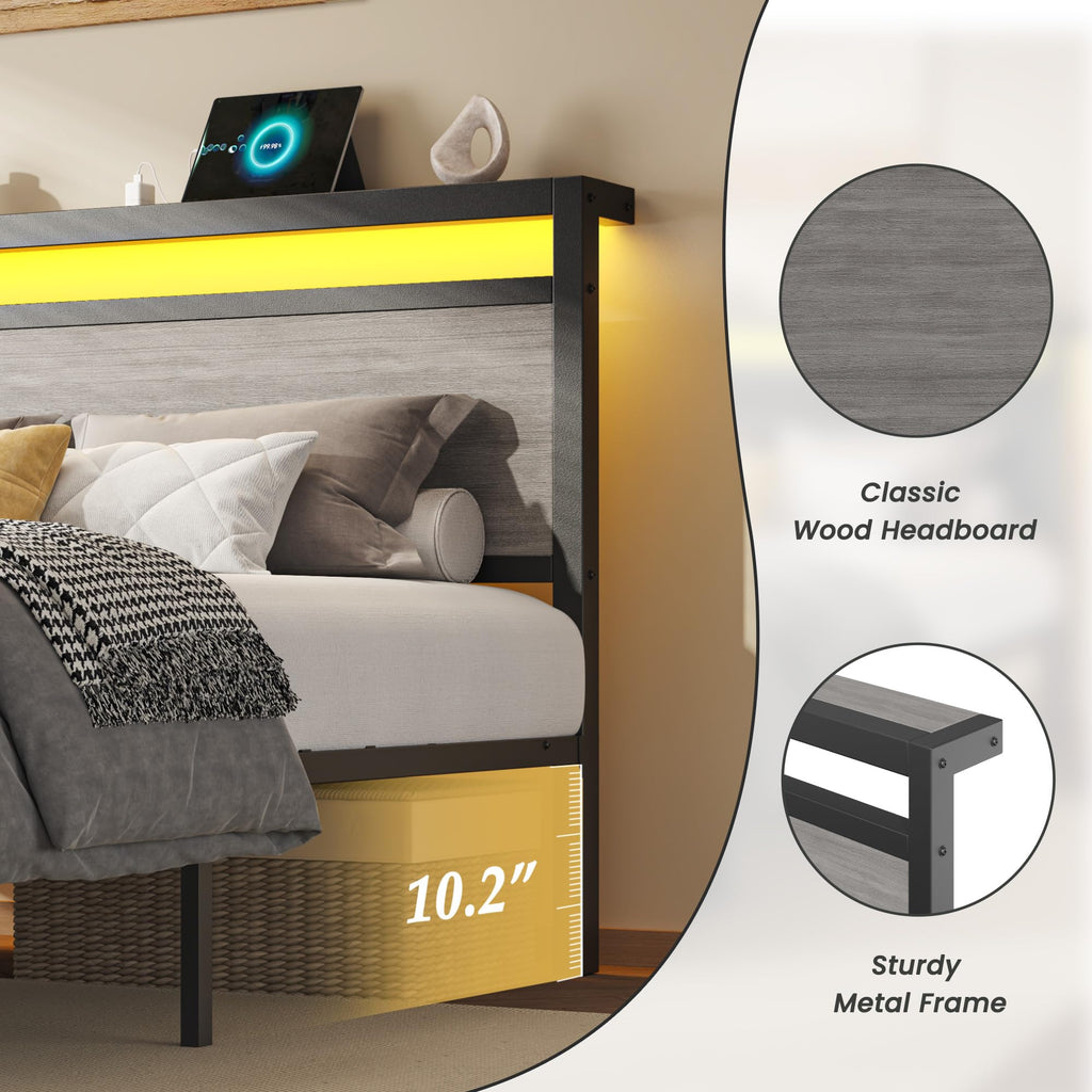Queen Size Storage Bed Frame with Wood Headboard and LED Lights G892626