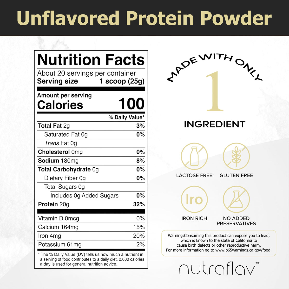 Unflavored Vegan Pea Protein Powder, 20 Servings E822