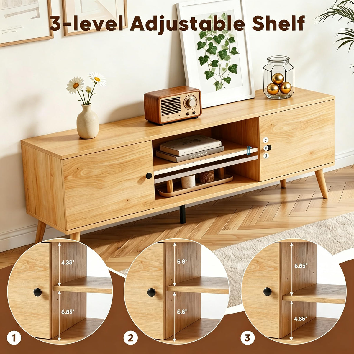 55 60 inch Wood TV Stand with 2 Cabinets U502