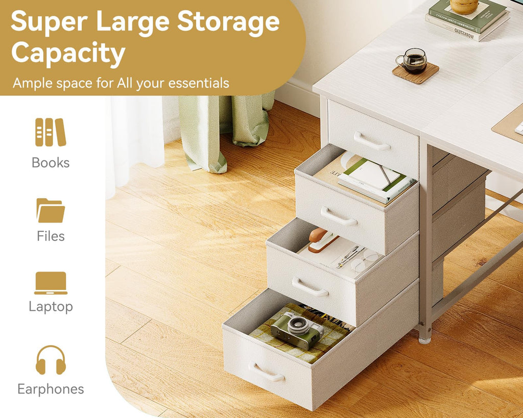 55 Inch Computer Desk with 8 Fabric Drawers White E837272