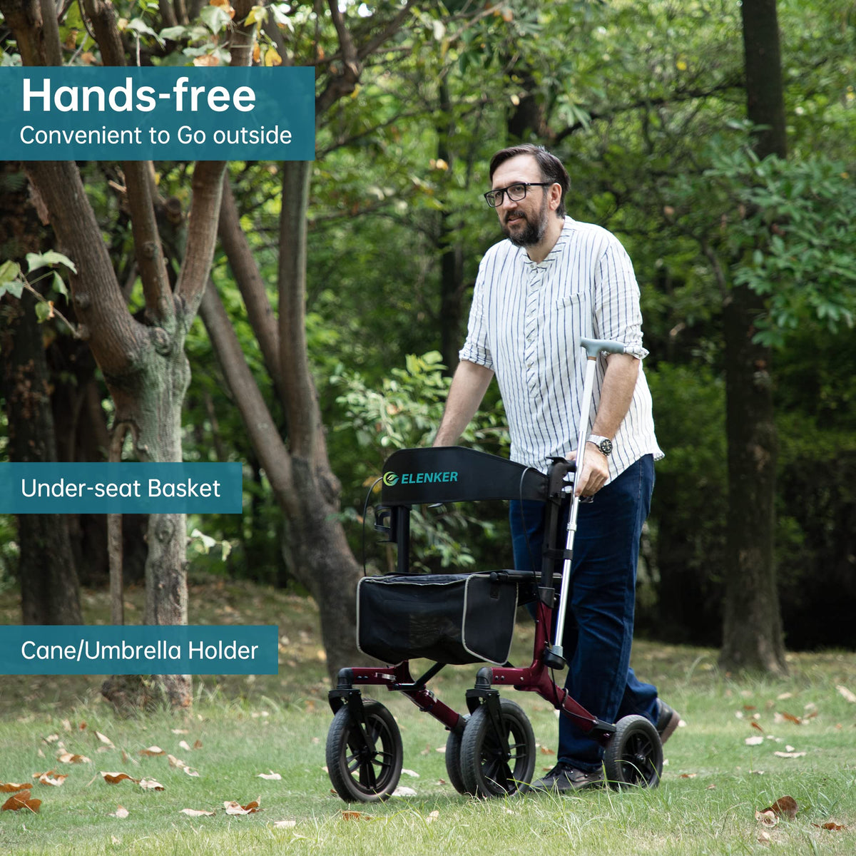 All-Terrain Rollator Walker with 12” Front Wheels, Compact Folding, Red H93587