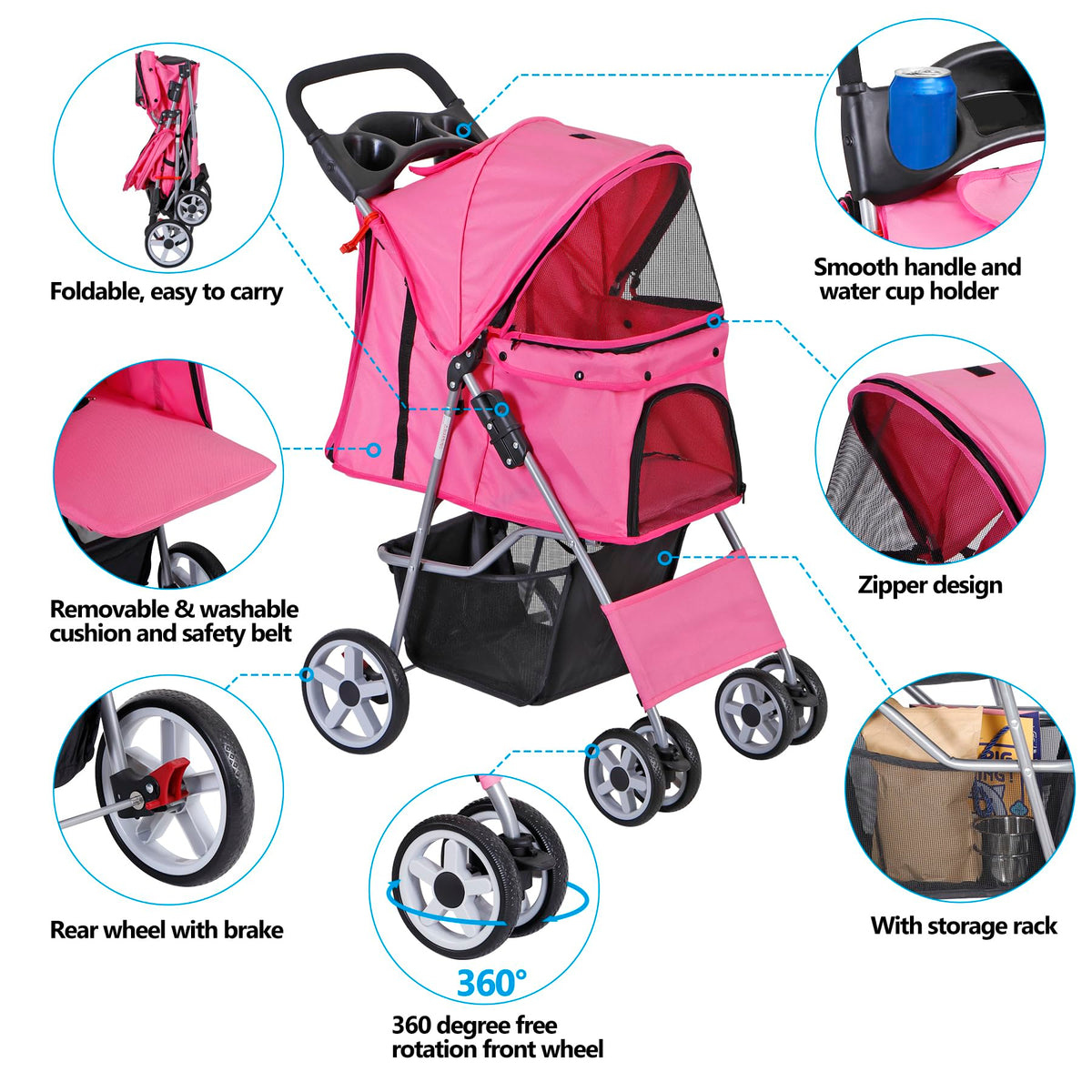 Foldable Pet Stroller with Waterproof Cover, Pink Y6981