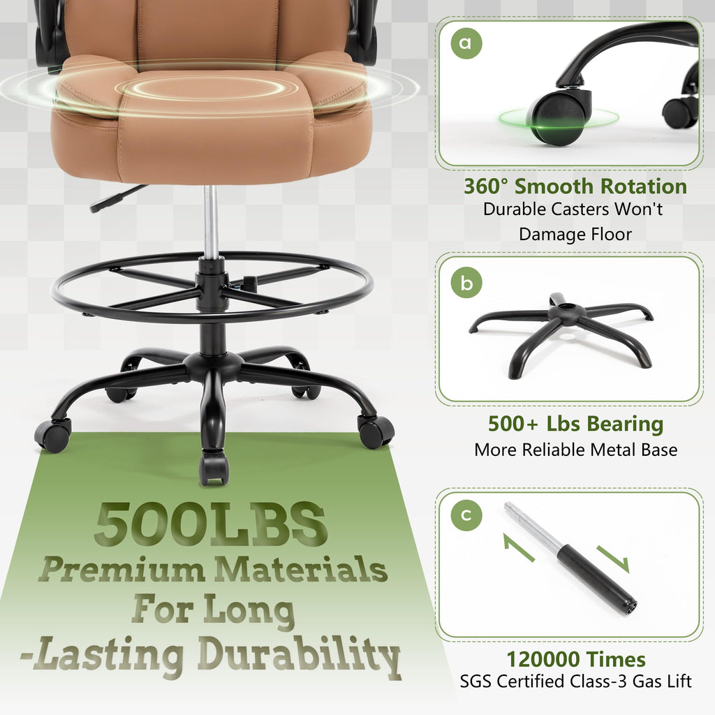 Brown High Back Upholstered Drafting Chair with Flip-up Armrests M77063