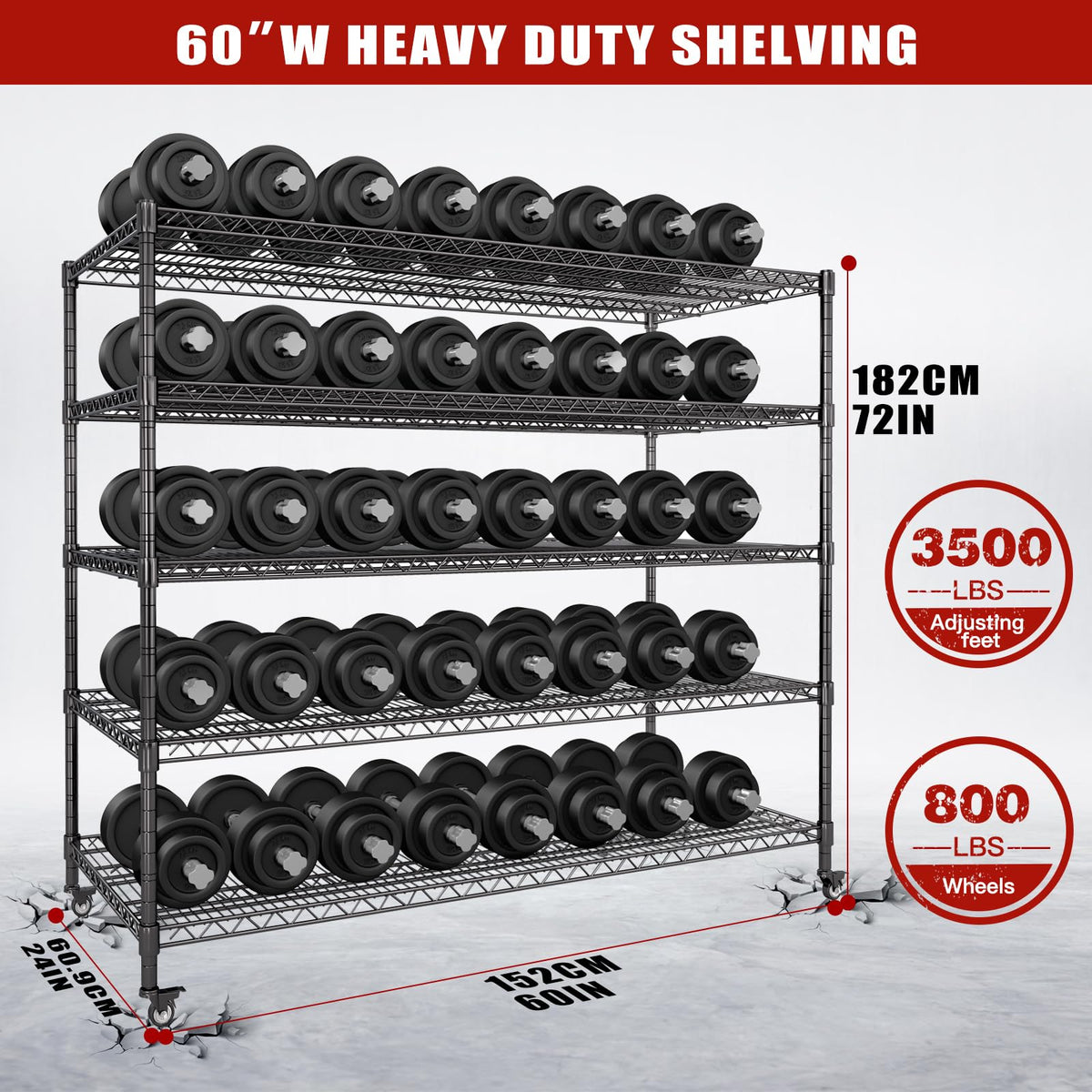 60”W 5 Tier Heavy Duty Metal Wire Shelving with Wheels Q206