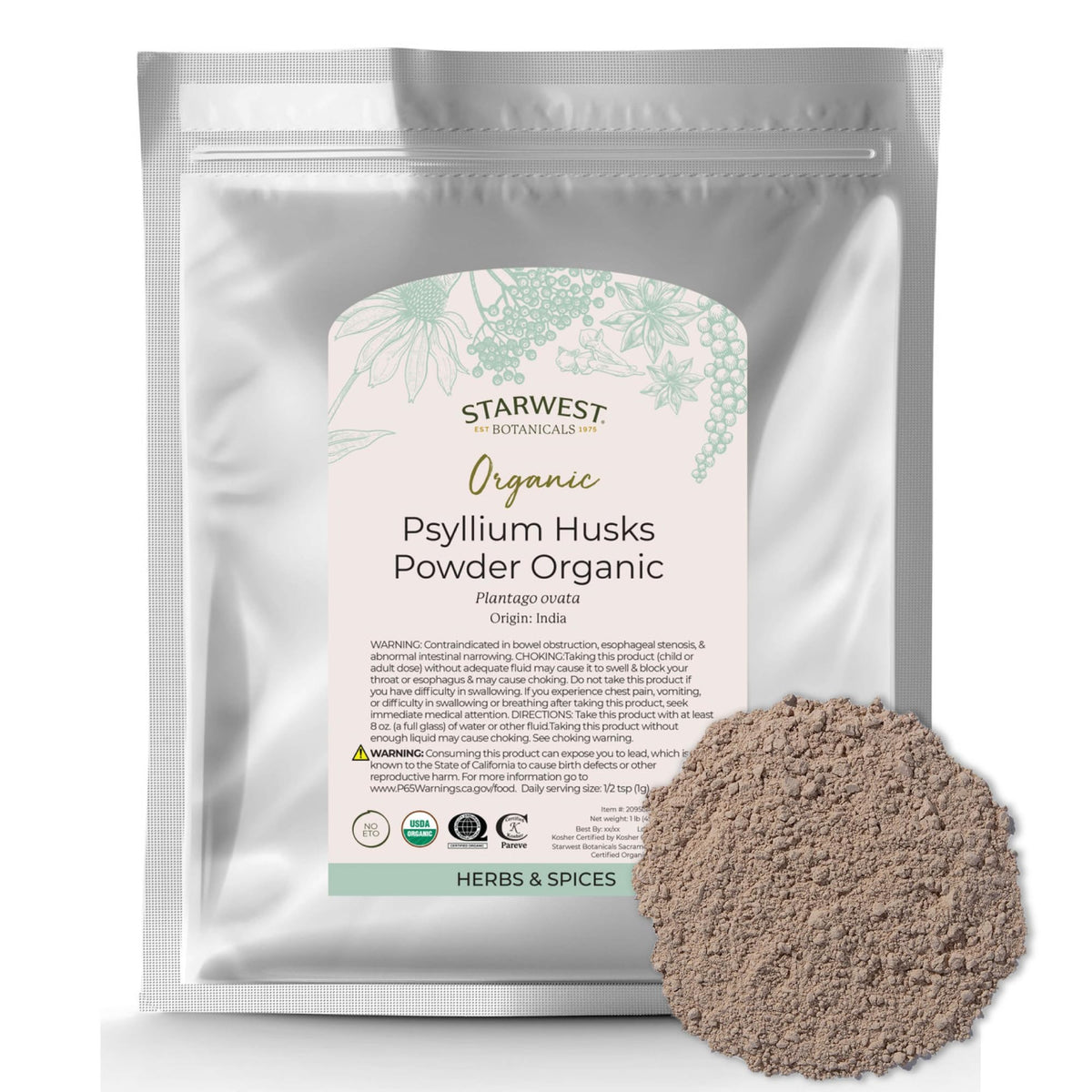 Organic Psyllium Husks Powder 1 lb Bag Z6855