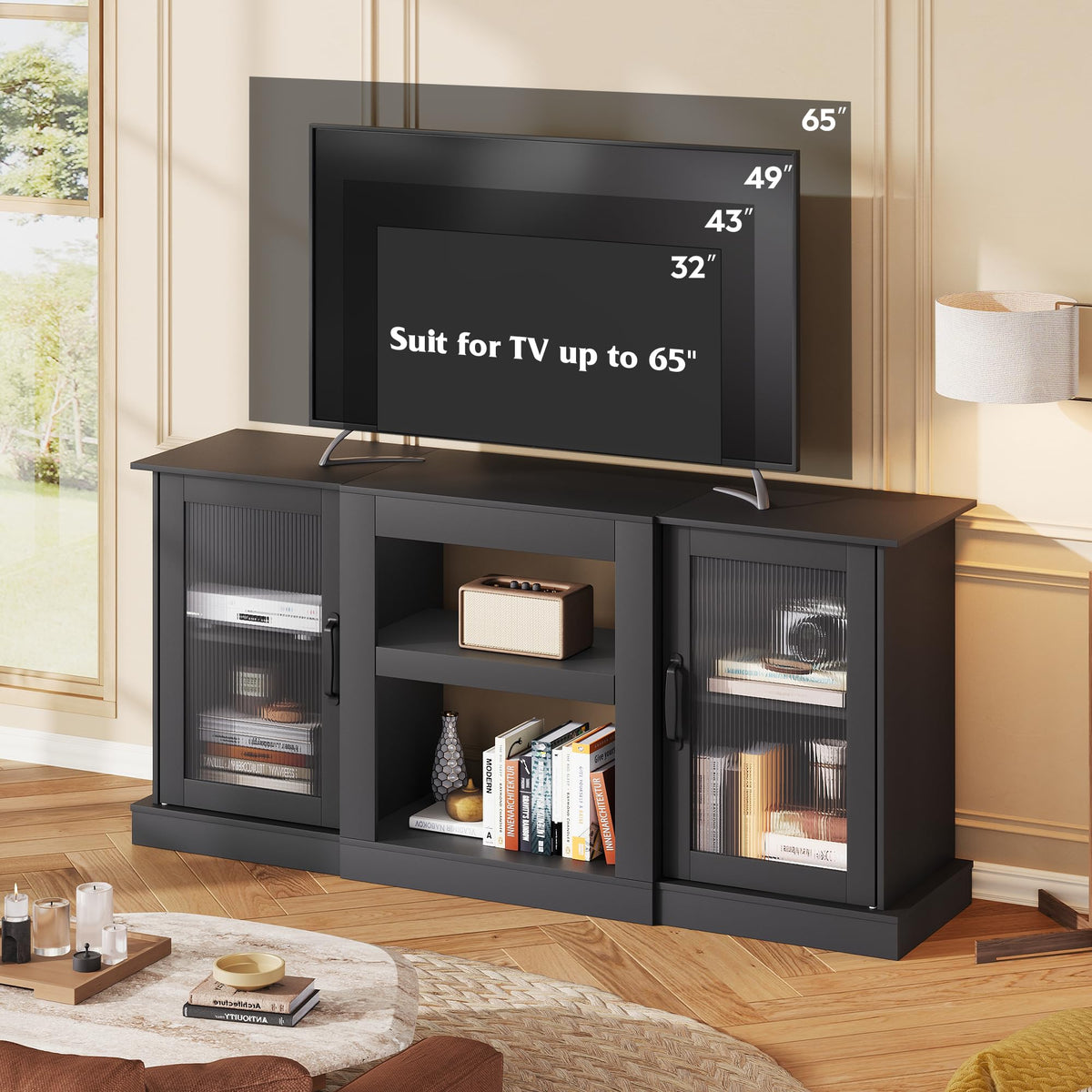 Black 58" TV Stand with Storage Cabinets and Adjustable Shelves M9776