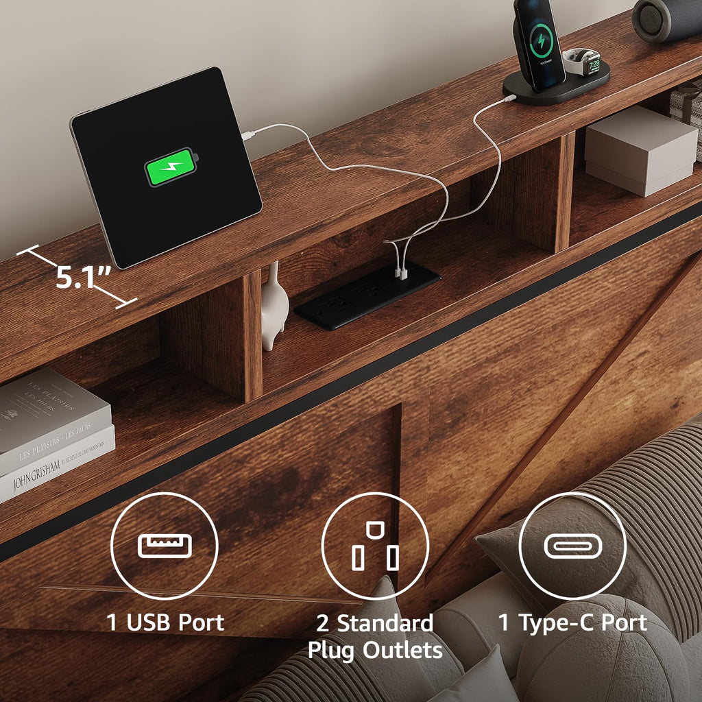 King Size Bed Frame with Storage Drawers and Charging Station W11066