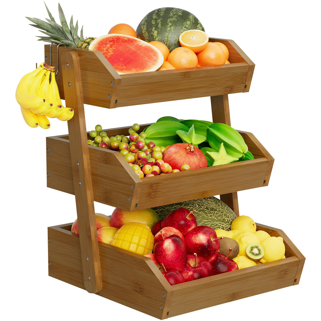 Walnut Bamboo 3 Tier Fruit Basket with 2 Banana Hangers L271