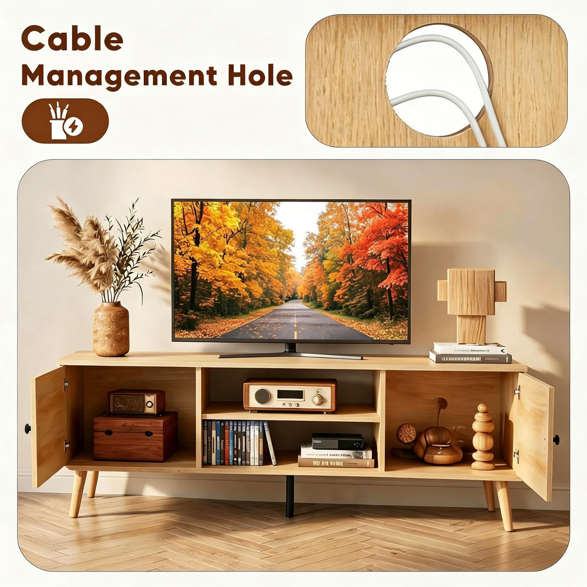 55 60 inch Wood TV Stand with 2 Cabinets U502