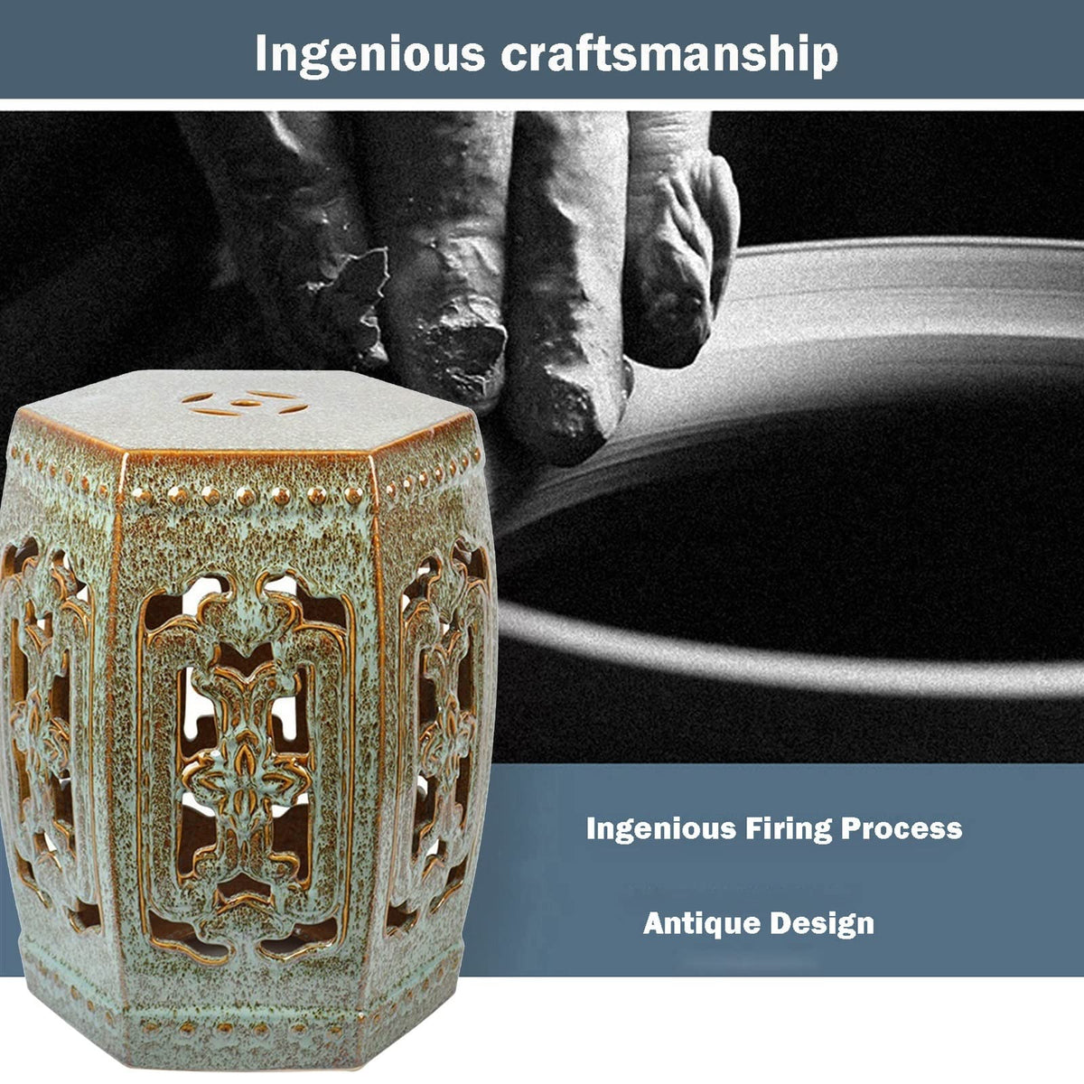 Ceramic Garden Stool Hexagonal Hollow Porcelain Drum Stool O289902