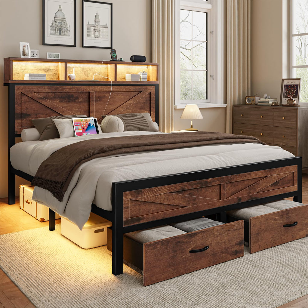 King Size Bed Frame with Storage Drawers and Charging Station W11066
