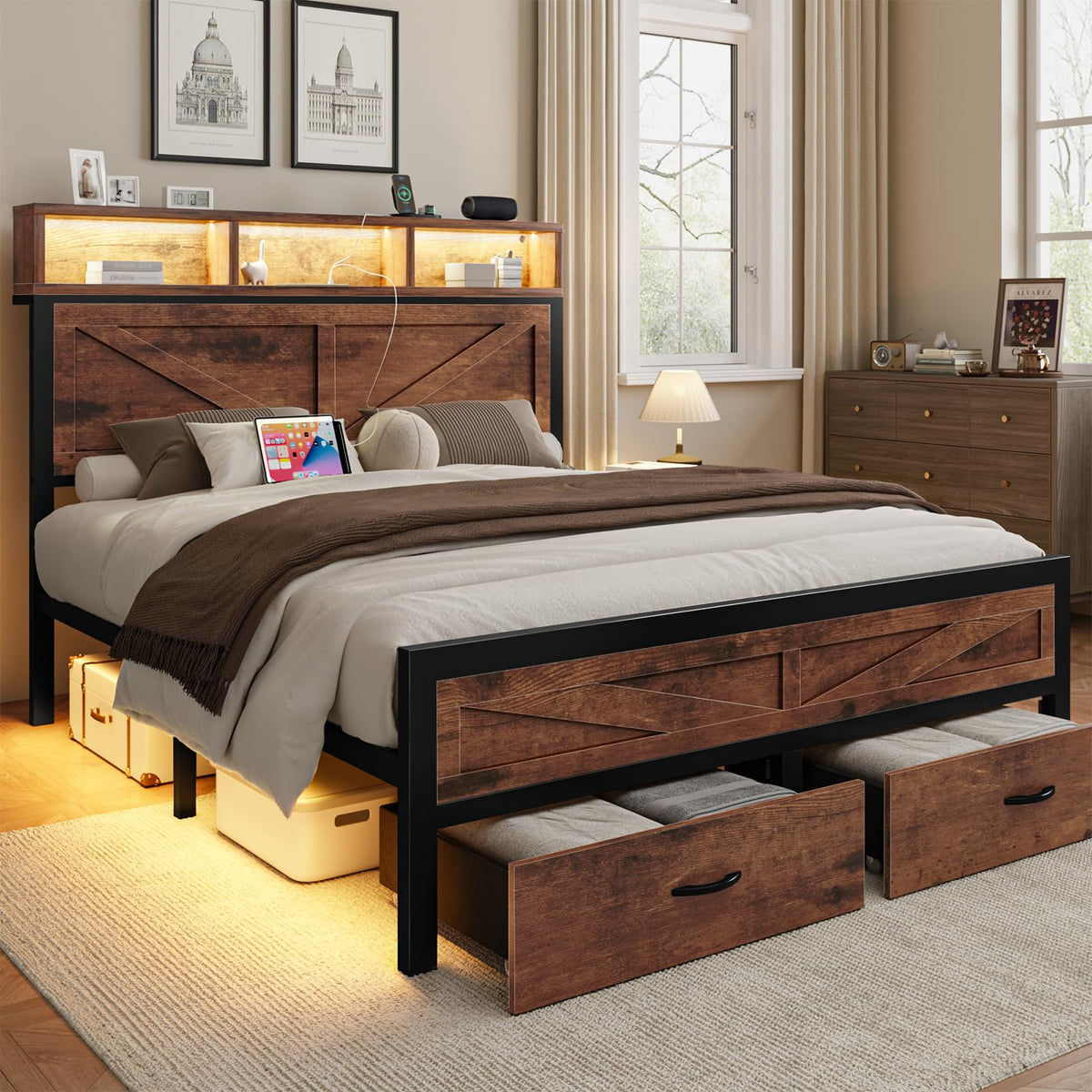 King Size Bed Frame with Storage Drawers and Charging Station W11066
