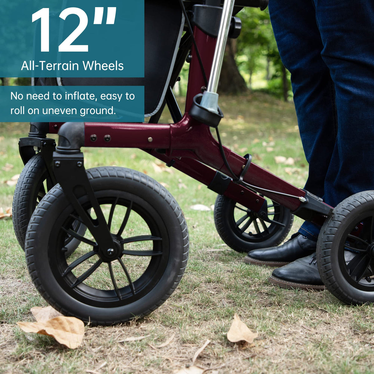 All-Terrain Rollator Walker with 12” Front Wheels, Compact Folding, Red H93587