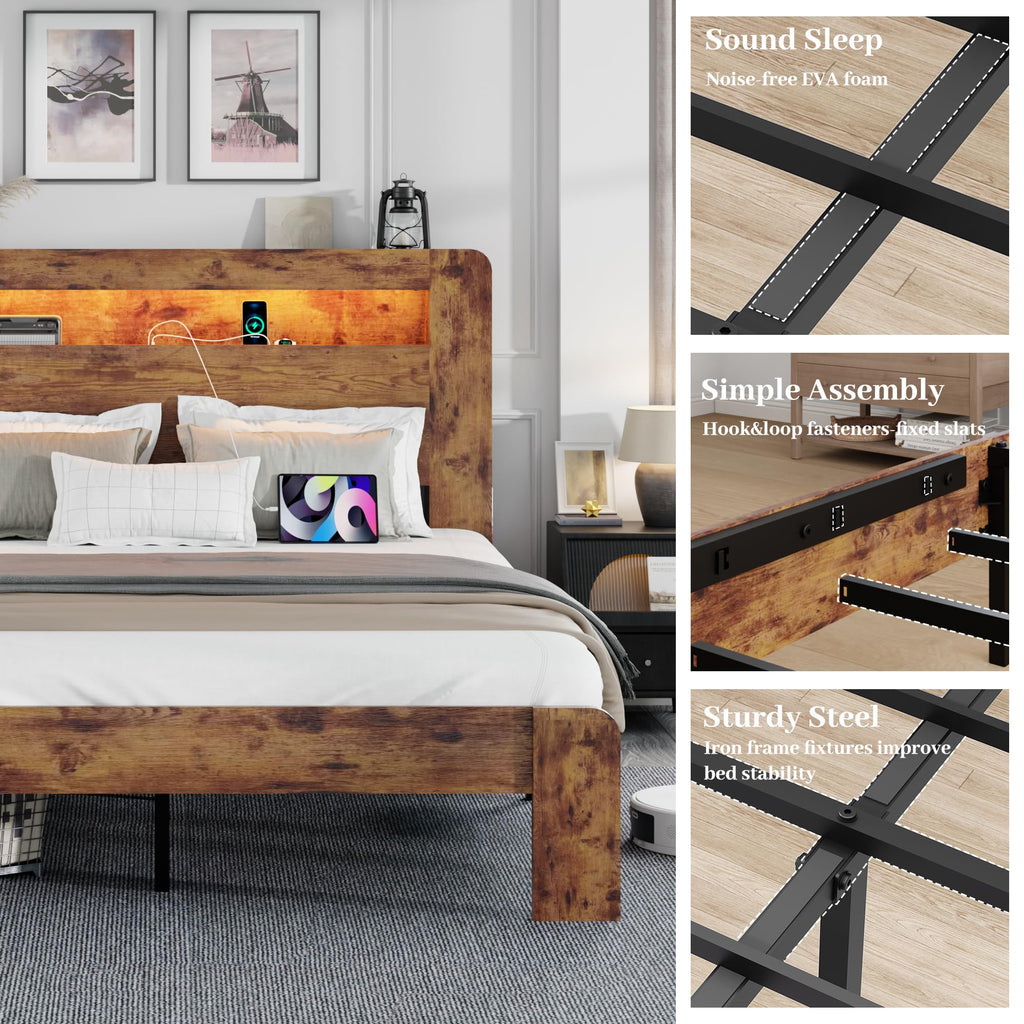 King Size Wooden Bed Frame with Storage Headboard and LED Lights D7629