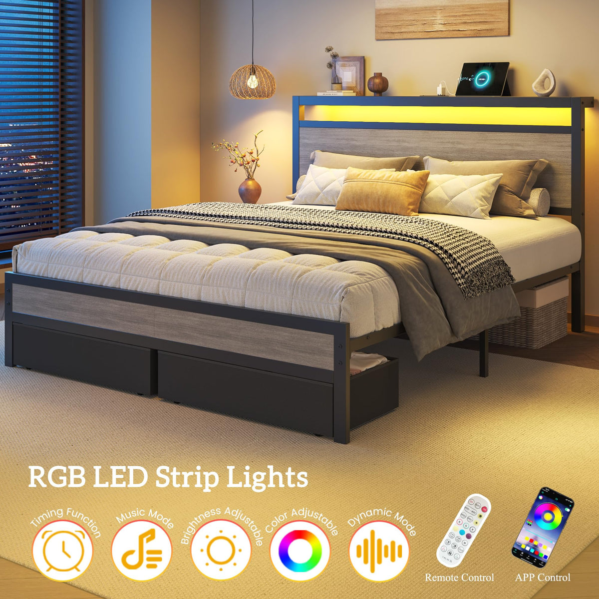 Queen Size Storage Bed Frame with Wood Headboard and LED Lights G892626