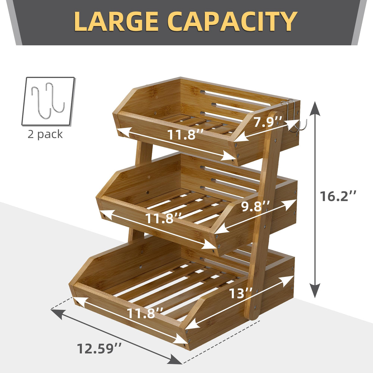 Walnut Bamboo 3 Tier Fruit Basket with 2 Banana Hangers L271