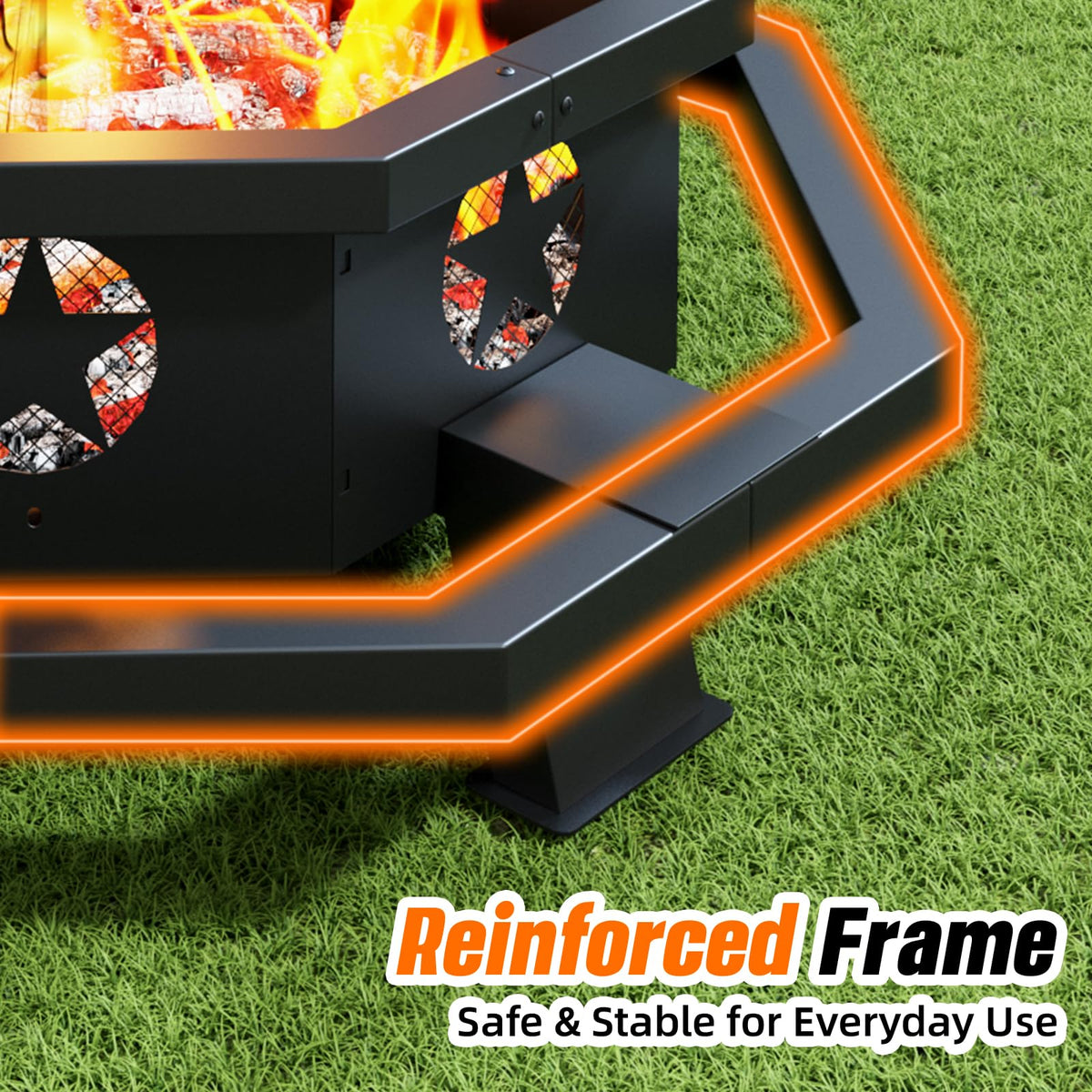 45 Inch Black Wood Burning Octagonal Fire Pit with Poker F8976