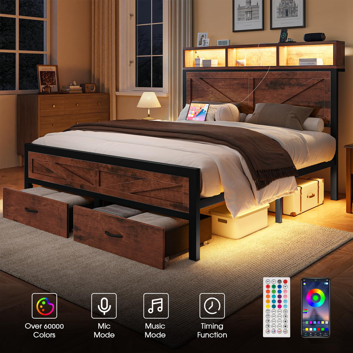 King Size Bed Frame with Storage Drawers and Charging Station W11066
