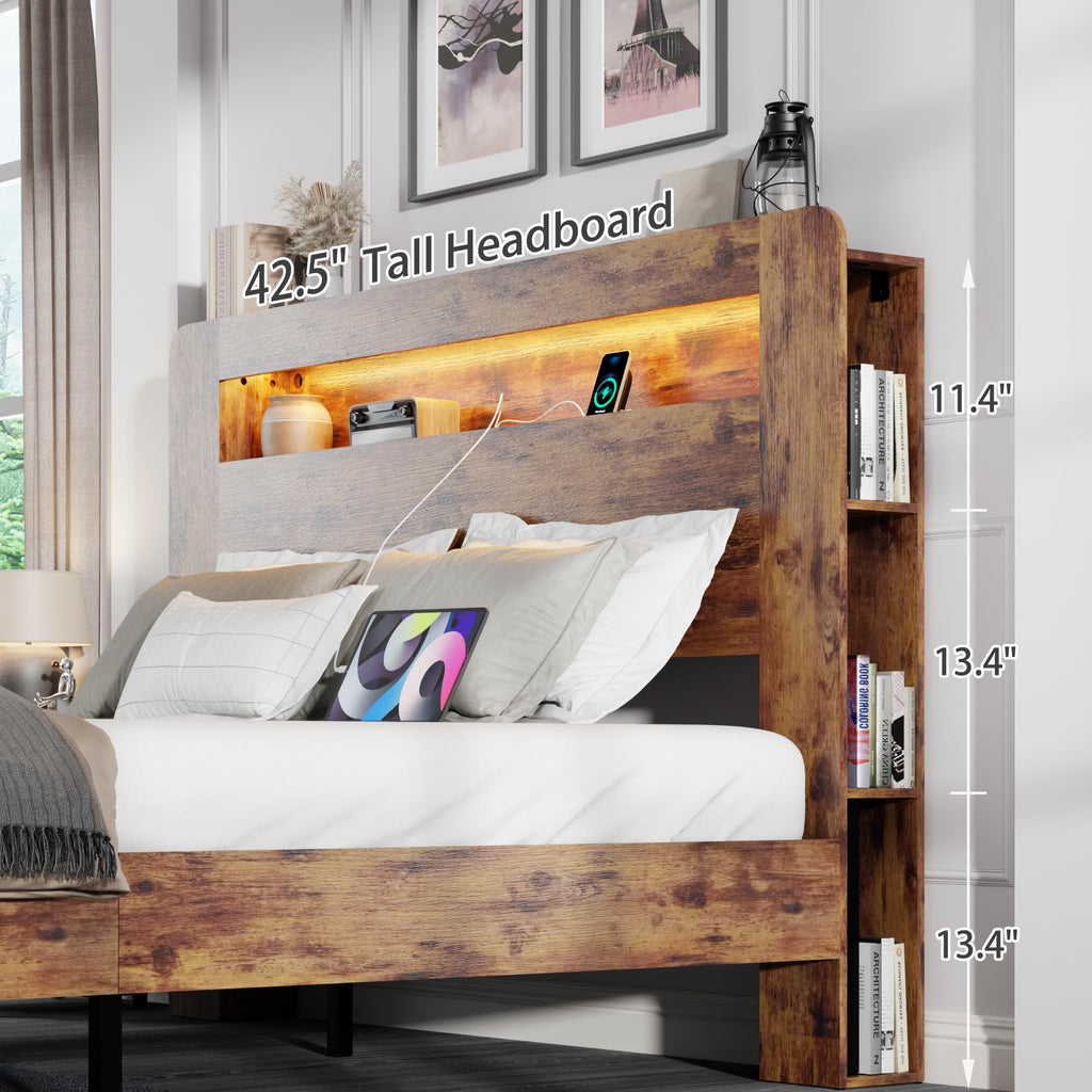 King Size Wooden Bed Frame with Storage Headboard and LED Lights D7629