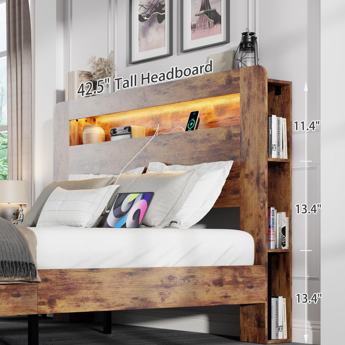 King Size Wooden Bed Frame with Storage Headboard and LED Lights D7629