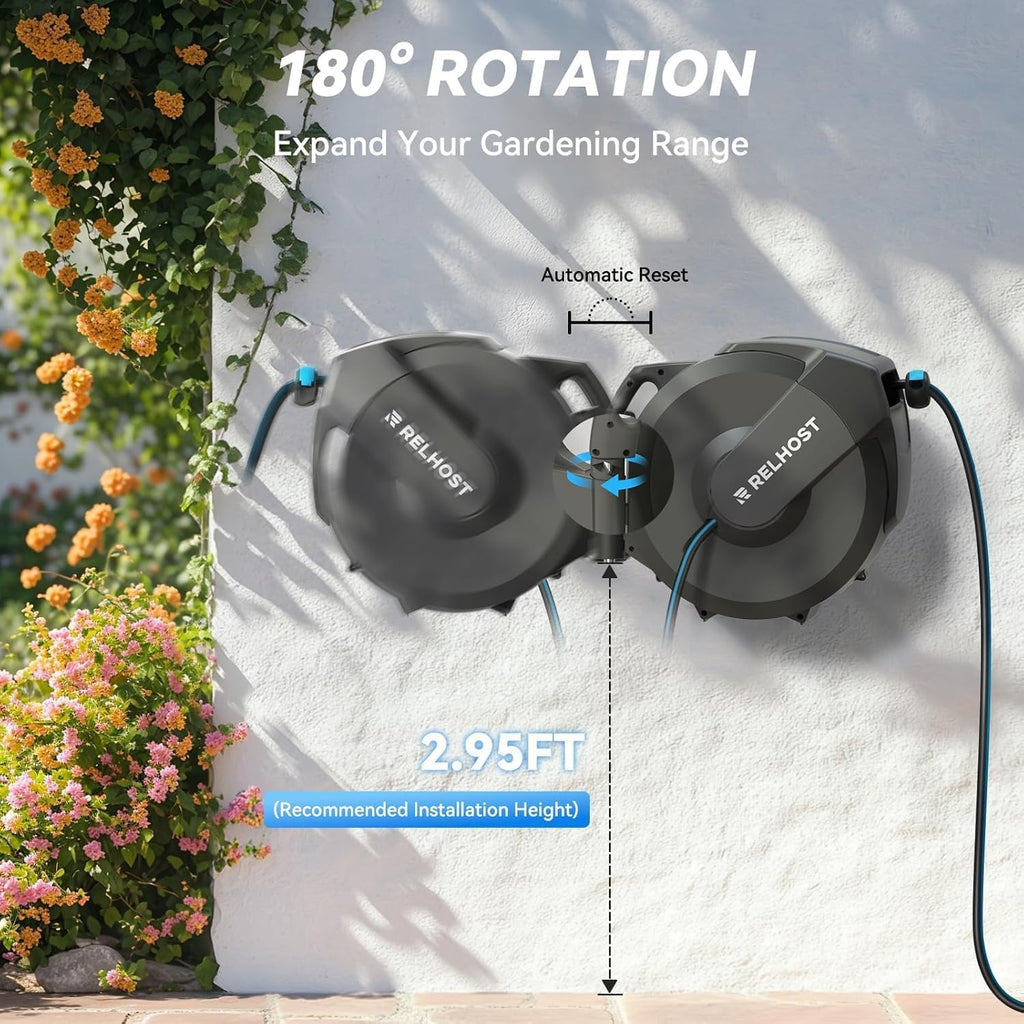 Retractable Garden Hose Reel, 5/8 in x 100 ft Wall Mount Heavy Duty with 10-Pattern Nozzle, Dark Grey N2044