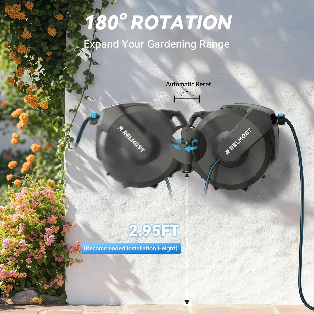 Retractable Garden Hose Reel, 5/8 in x 100 ft Wall Mount Heavy Duty with 10-Pattern Nozzle, Dark Grey N2044