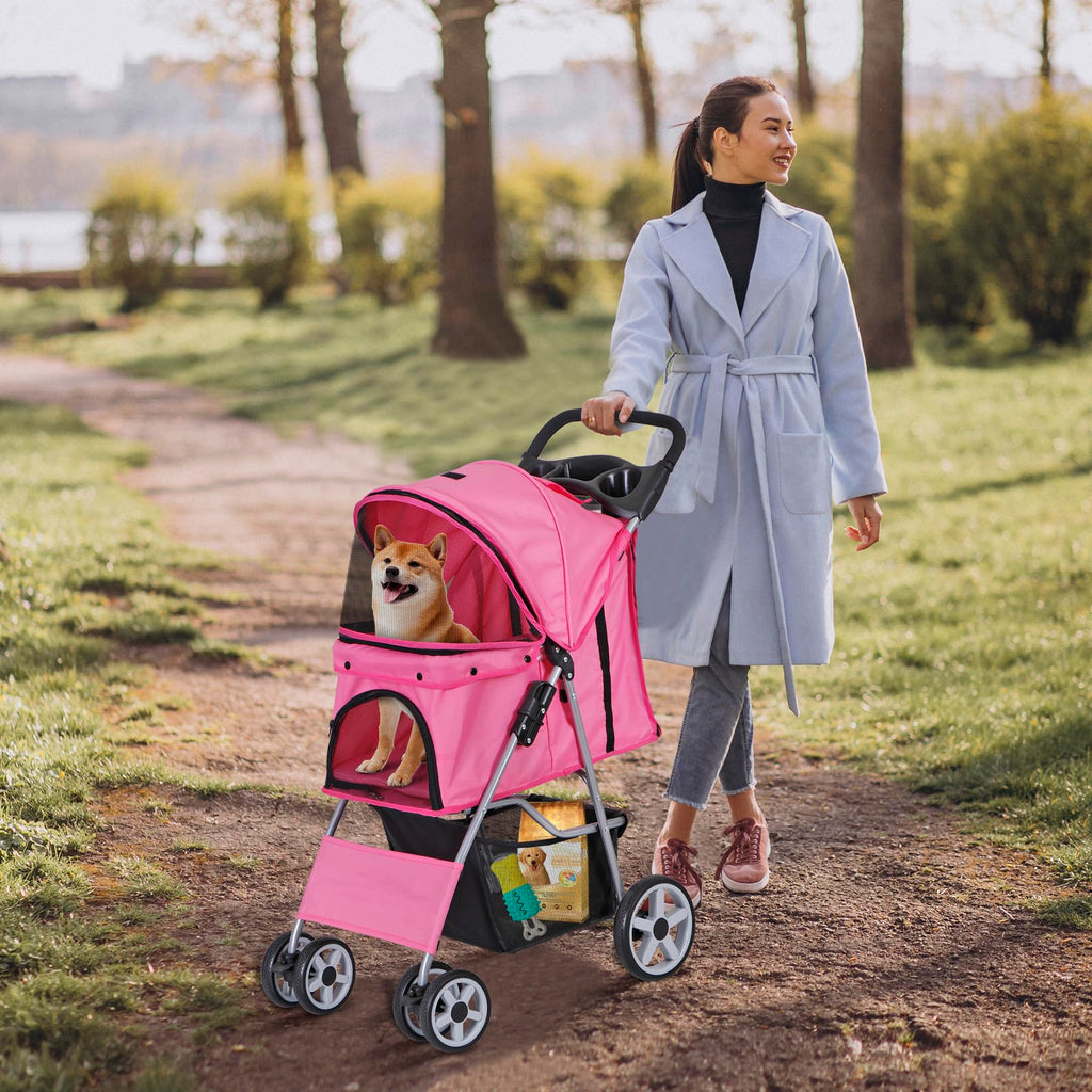 Foldable Pet Stroller with Waterproof Cover, Pink Y6981