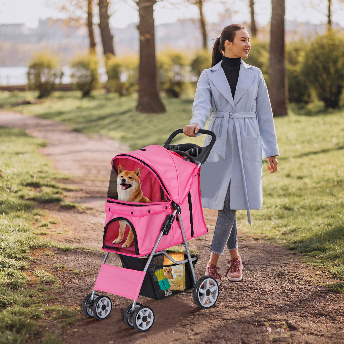 Foldable Pet Stroller with Waterproof Cover, Pink Y6981