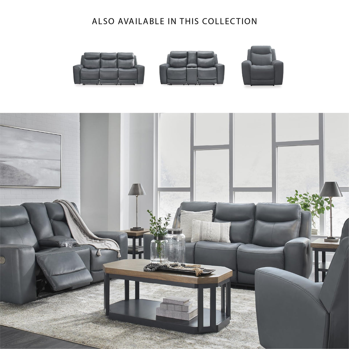 Gray Leather Match Power Reclining Loveseat with Console G5115