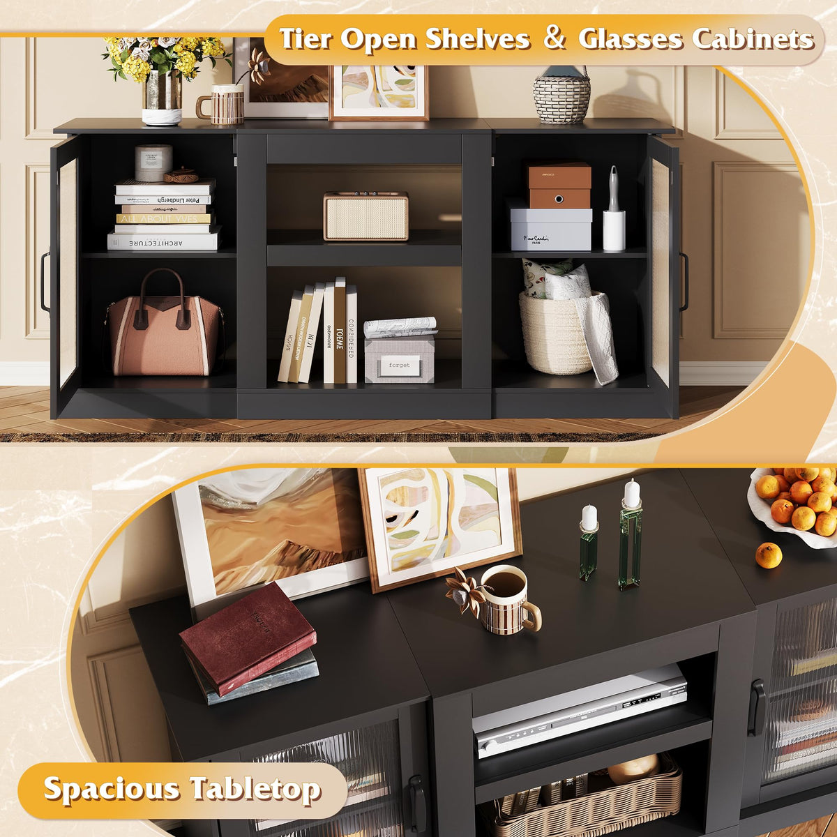 Black 58" TV Stand with Storage Cabinets and Adjustable Shelves M9776