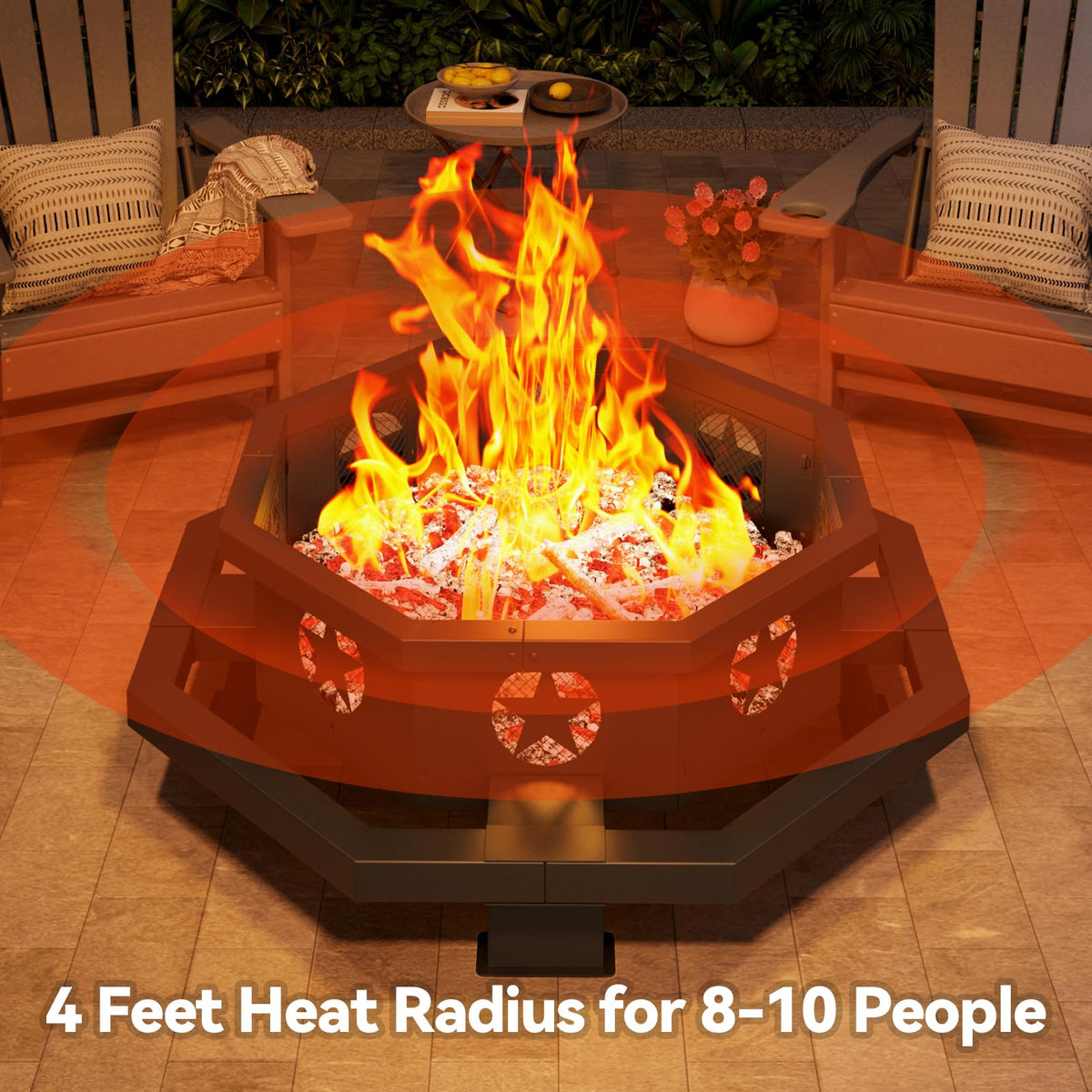 45 Inch Black Wood Burning Octagonal Fire Pit with Poker F8976