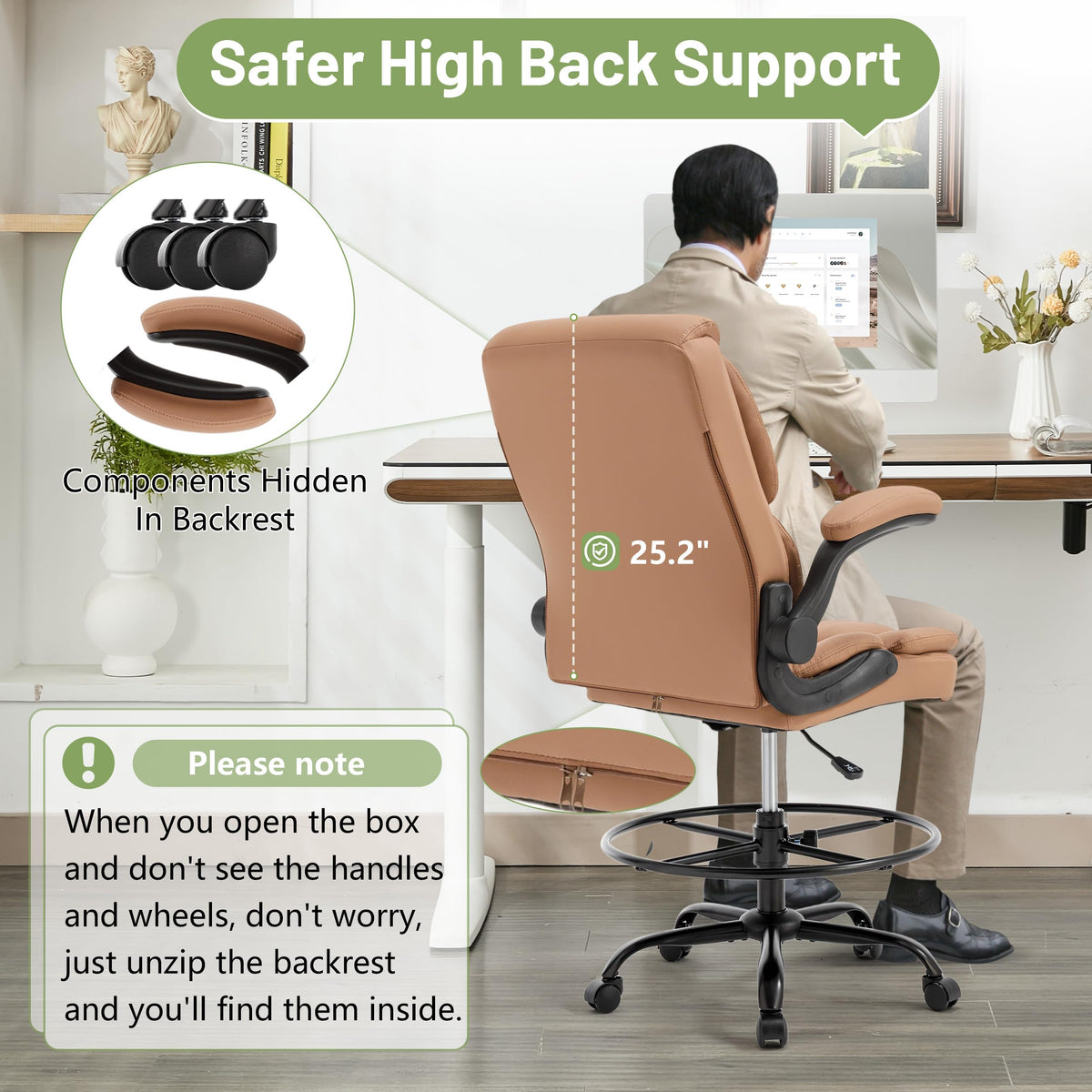 Brown High Back Upholstered Drafting Chair with Flip-up Armrests M77063
