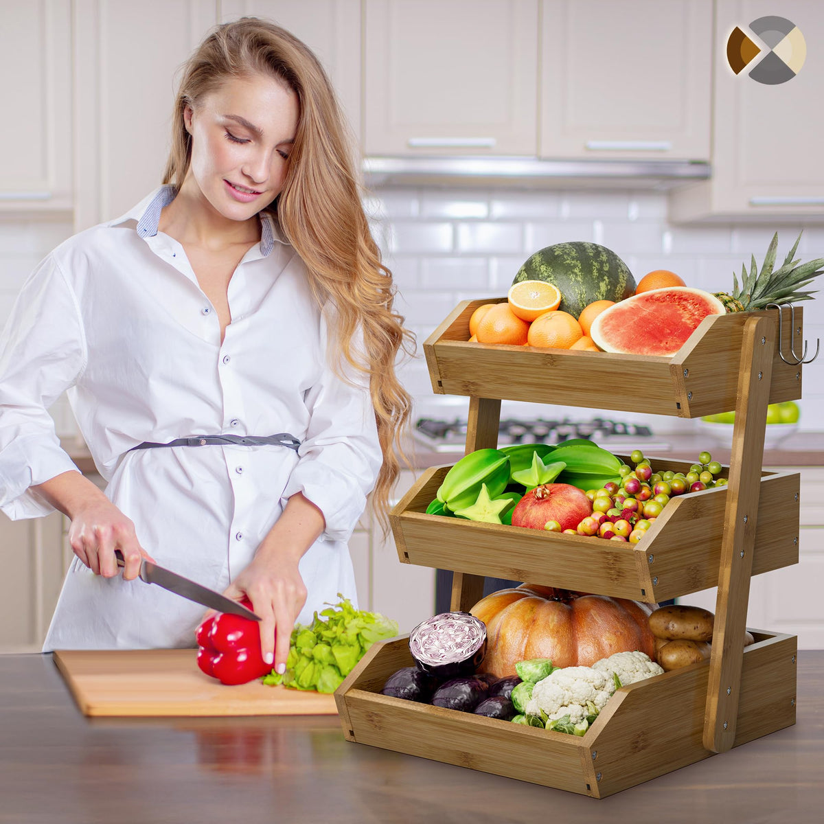 Walnut Bamboo 3 Tier Fruit Basket with 2 Banana Hangers L271