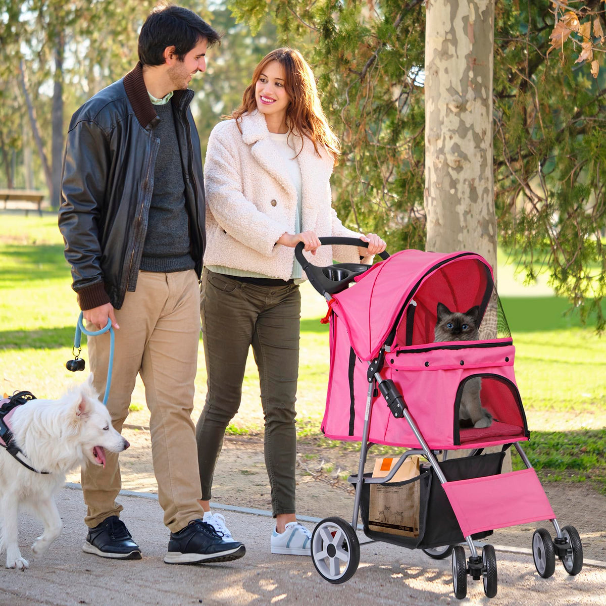 Foldable Pet Stroller with Waterproof Cover, Pink Y6981