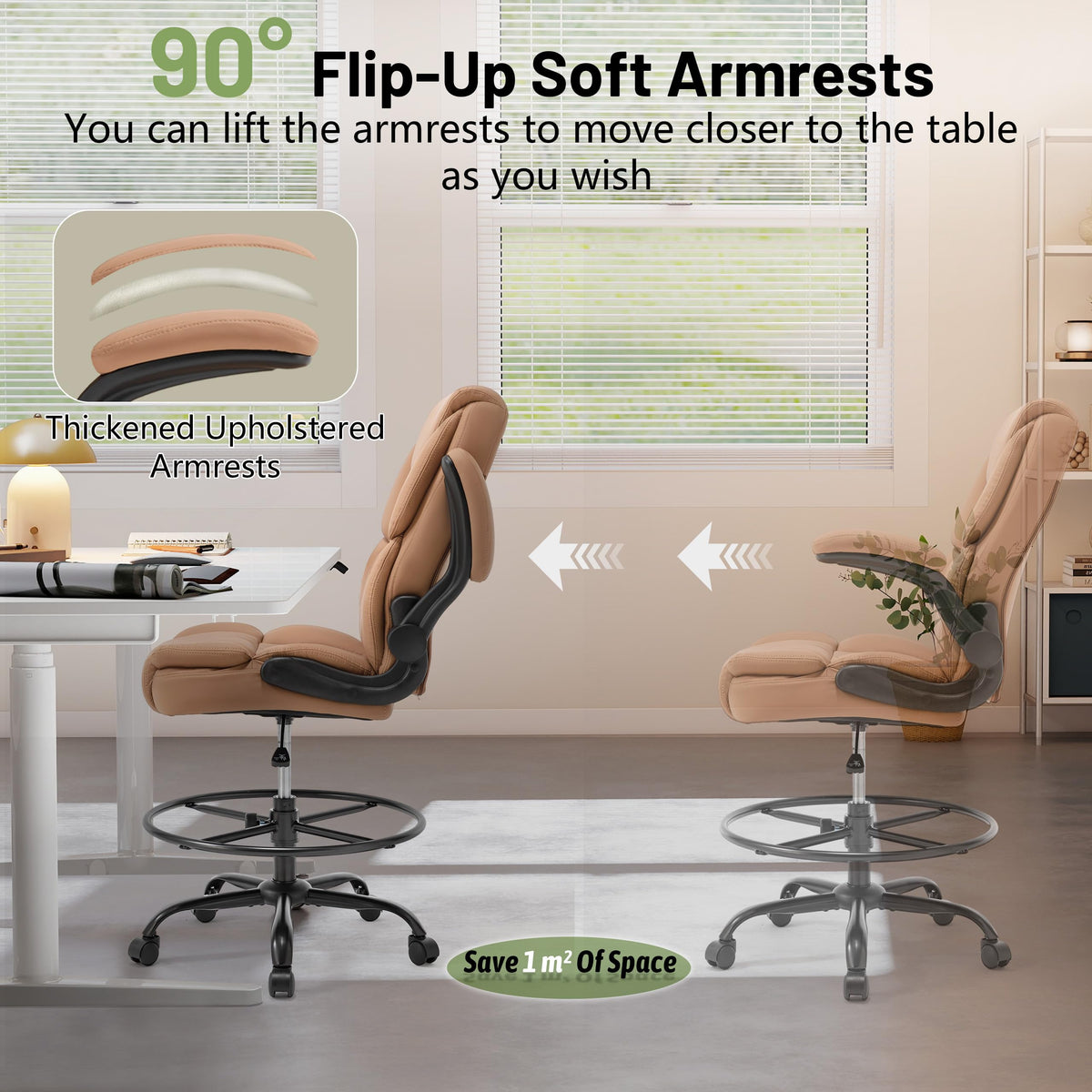 Brown High Back Upholstered Drafting Chair with Flip-up Armrests M77063