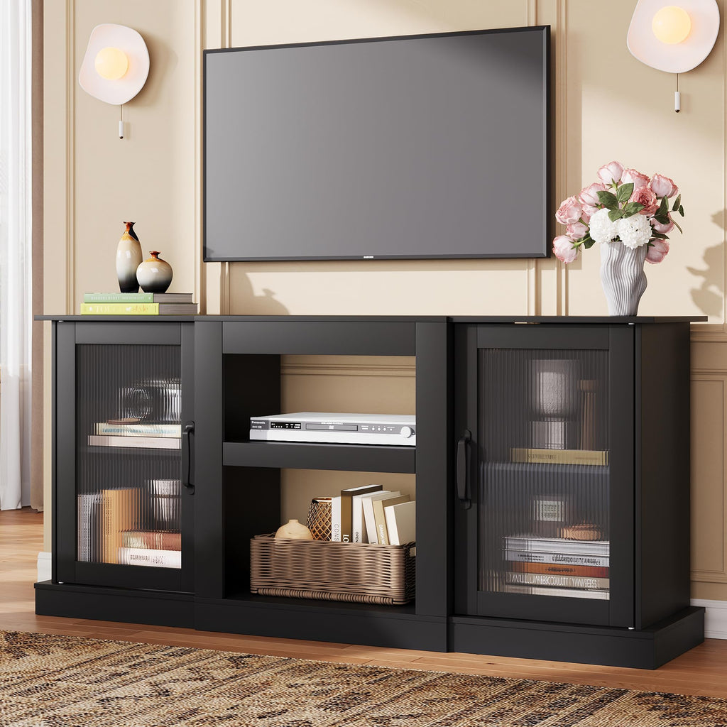 Black 58" TV Stand with Storage Cabinets and Adjustable Shelves M9776
