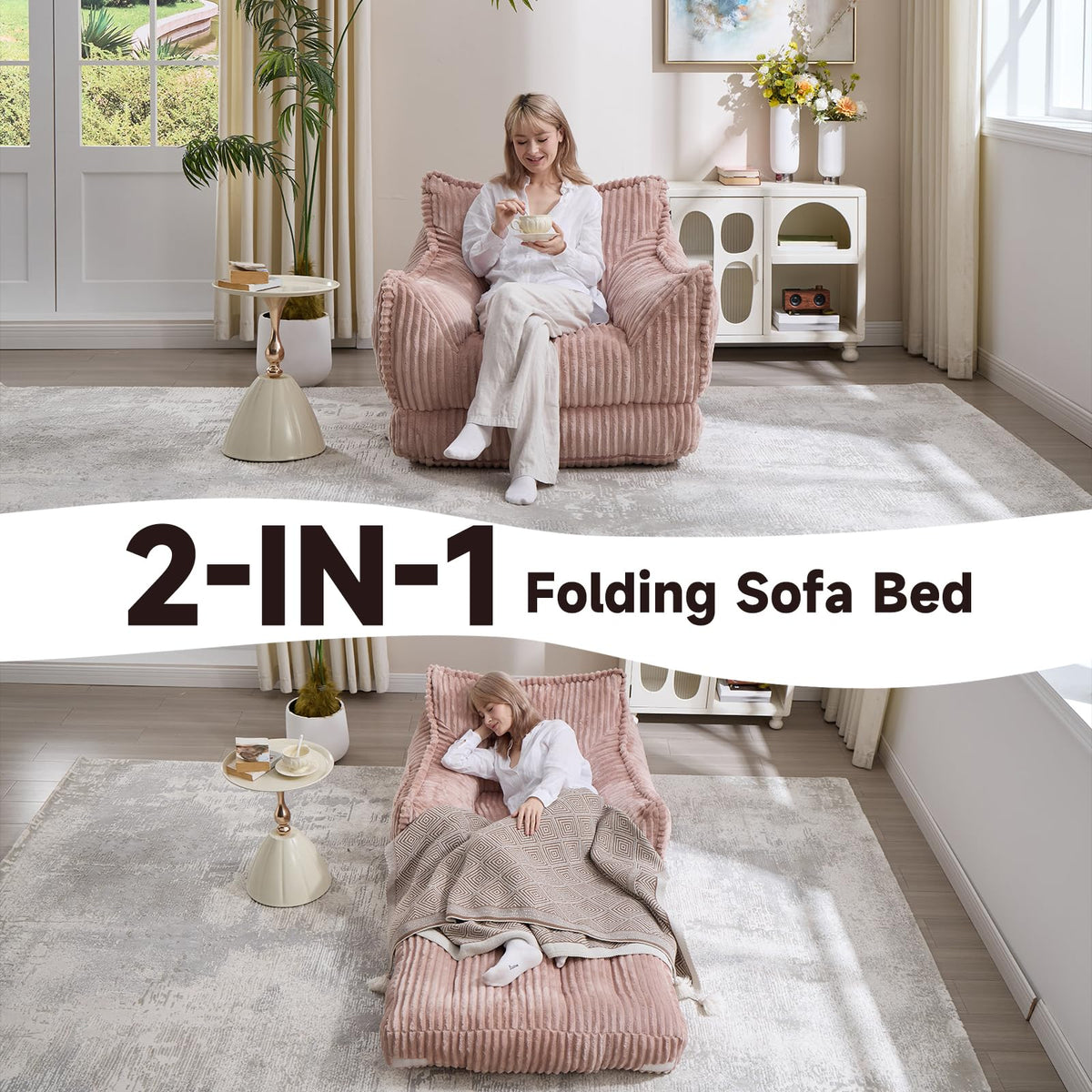 2 in 1 Folding Sofa Bed Pink I7946