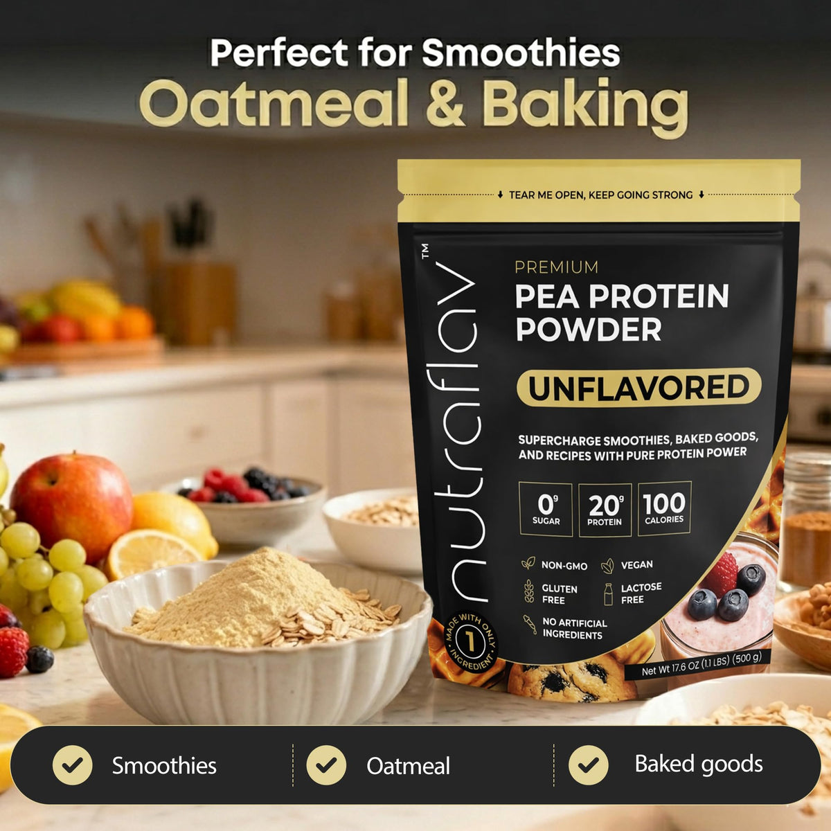 Unflavored Vegan Pea Protein Powder, 20 Servings E822