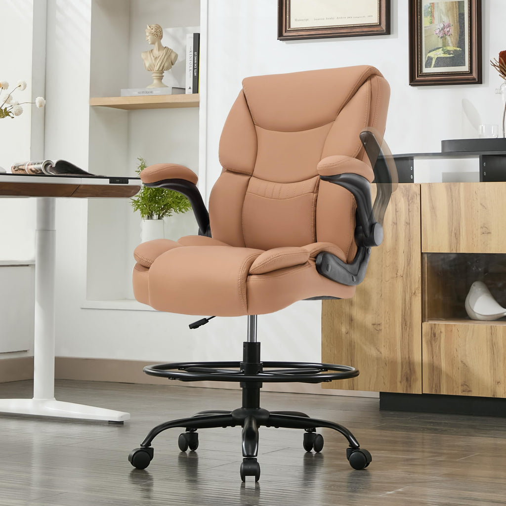 Brown High Back Upholstered Drafting Chair with Flip-up Armrests M77063