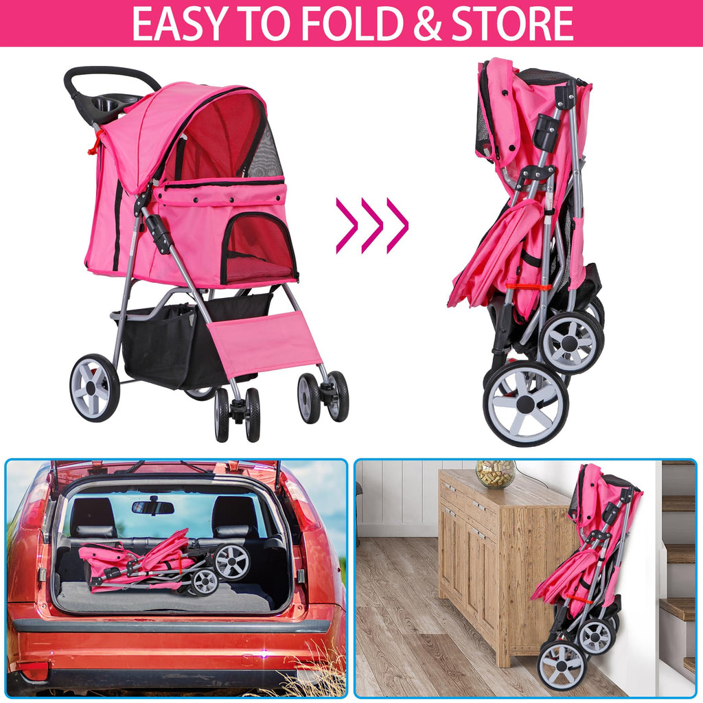 Foldable Pet Stroller with Waterproof Cover, Pink Y6981