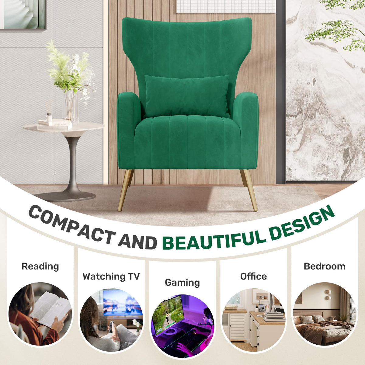 Velvet Accent Chairs Set of 2 High Back Armchair with Lumbar Pillow Green Q8917
