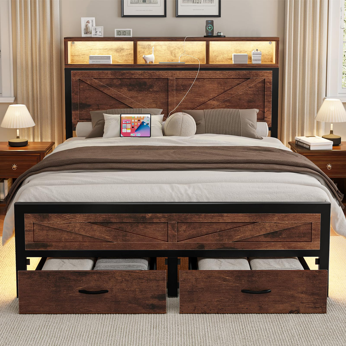 King Size Bed Frame with Storage Drawers and Charging Station W11066