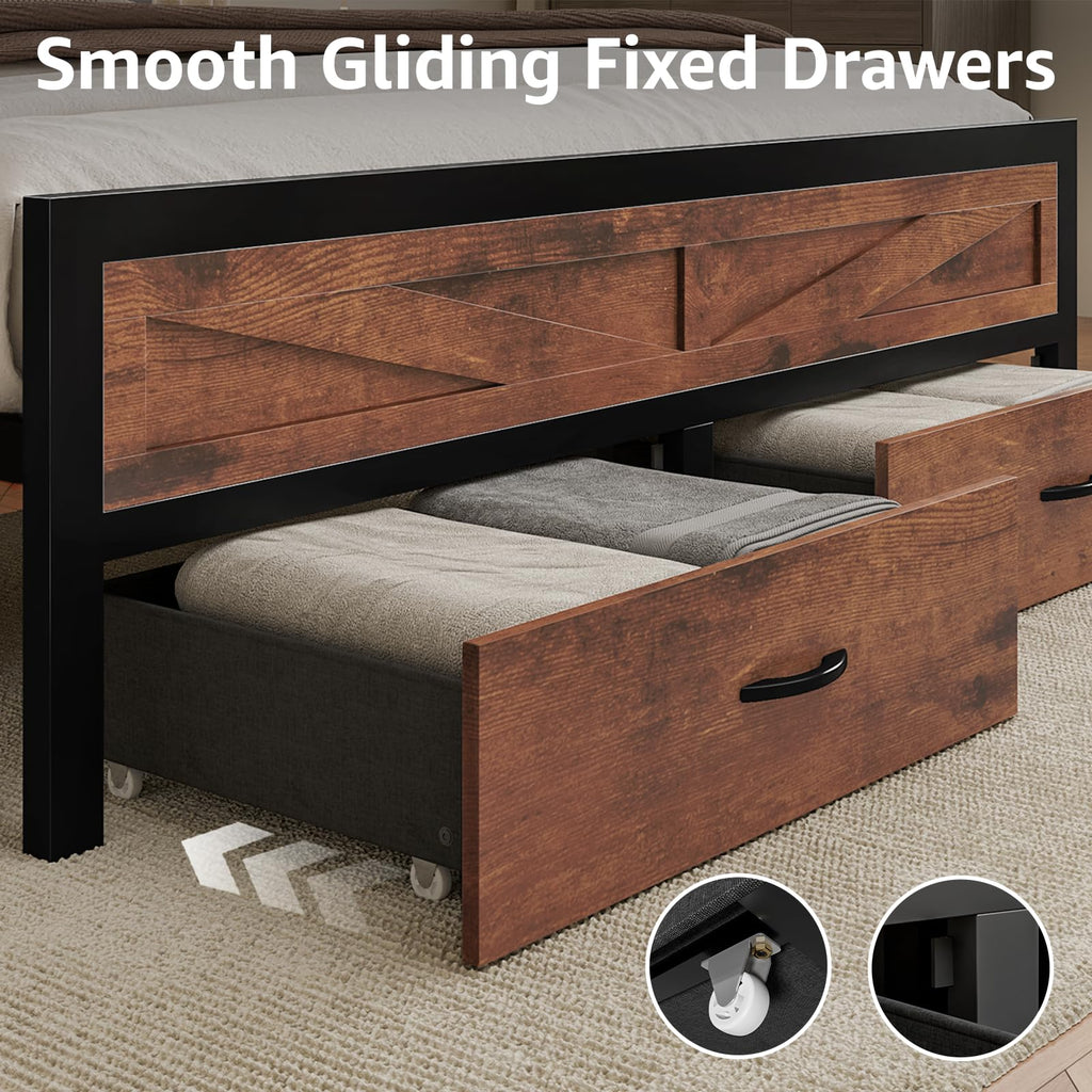 King Size Bed Frame with Storage Drawers and Charging Station W11066