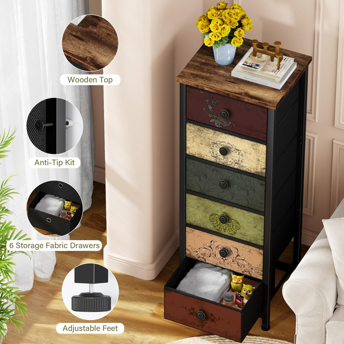 Tall 6 Drawer Fabric Dresser M2513