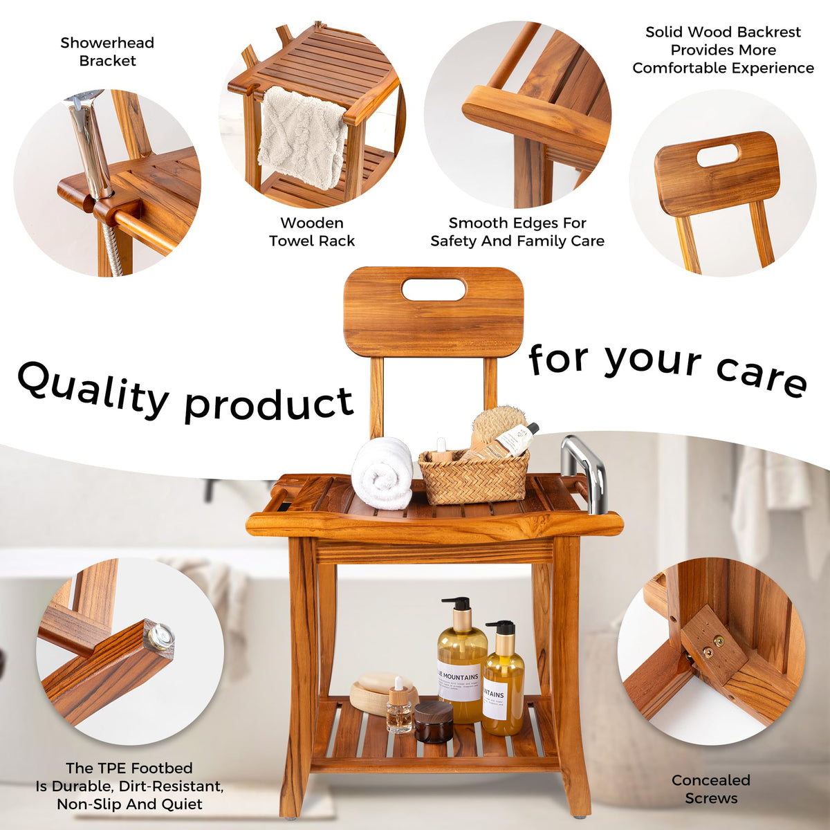 Teak Shower Bench with Handles and Backrest A1546