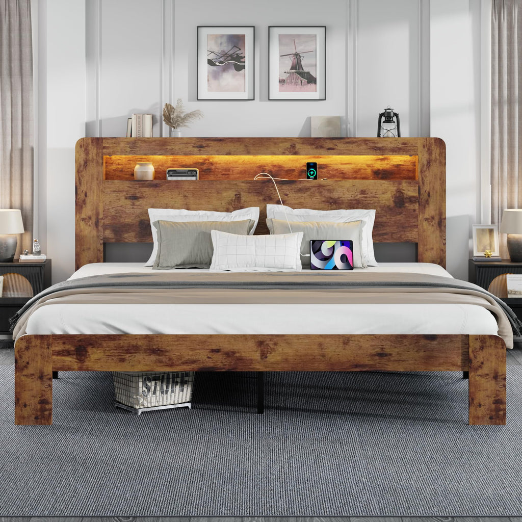 King Size Wooden Bed Frame with Storage Headboard and LED Lights D7629