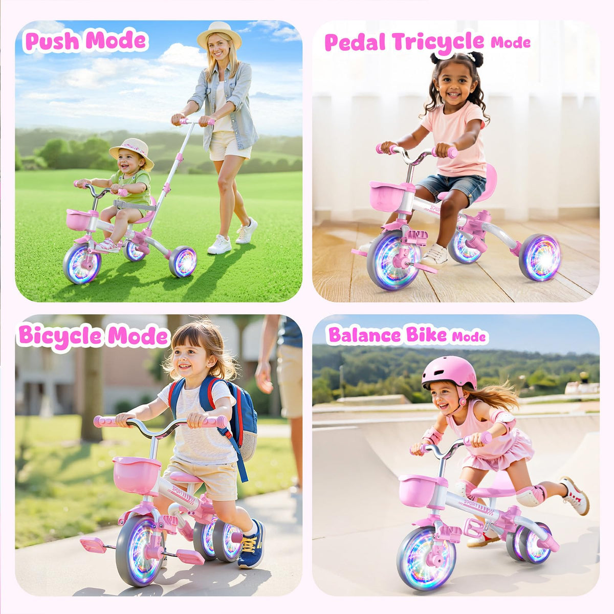 5 in 1 Pink Tricycle with Push Handle U924612